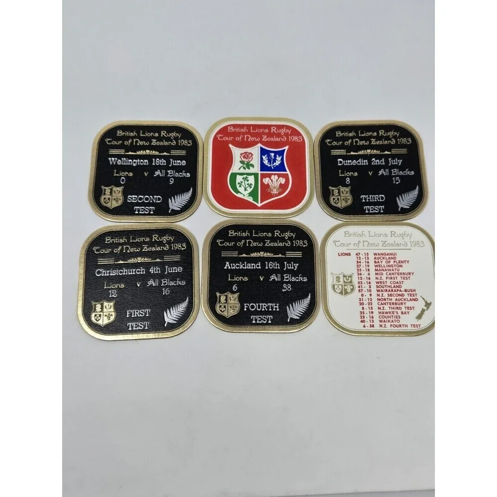 VINTAGE CARDBOARD COASTERS BRITISH LIONS RUGBY TOUR OF NEW ZEALAND 1983 SET OF 6